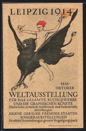 AK Leipzig, Weltausstellung für das Buchgewerbe 1914, Mann mit Fackel auf einem Adler