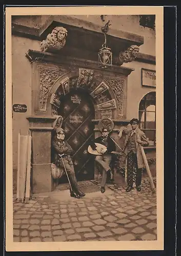 AK Leipzig, Internationale Baufachausstellung 1913, Bänkelsänger vor der Posthalterei