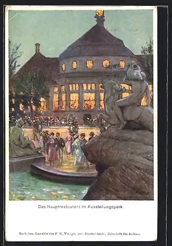 Künstler-AK München, Gewerbe-Ausstellung 1922, Hauptrestaurant im Ausstellungspark