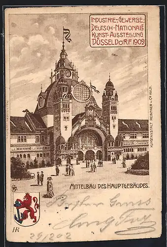 Lithographie Düsseldorf, Industrie- Gewerbe- und Deutsch-Nationale Kunst-Ausstellung 1902, Mittelbau Hauptgebäude