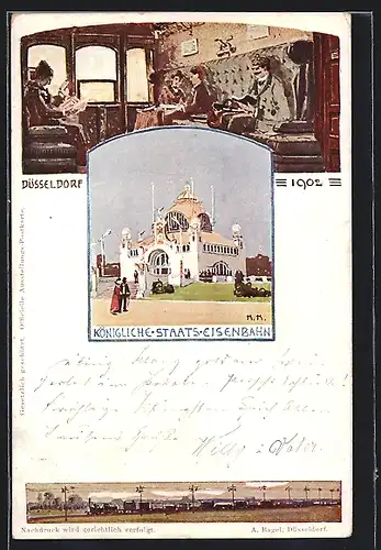 AK Düsseldorf, Ausstellung 1902, Festhalle, Königliche Staats-Eisenbahn, Reisende in einem Abteil