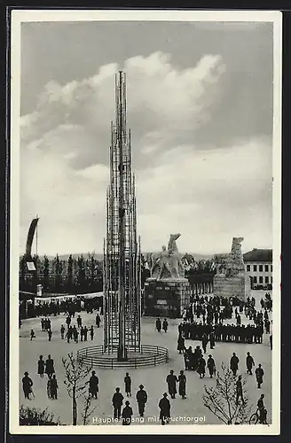 AK Düsseldorf, Reichsausstellung Schaffendes Volk 1937, Haupteingang mit Leuchtorgel