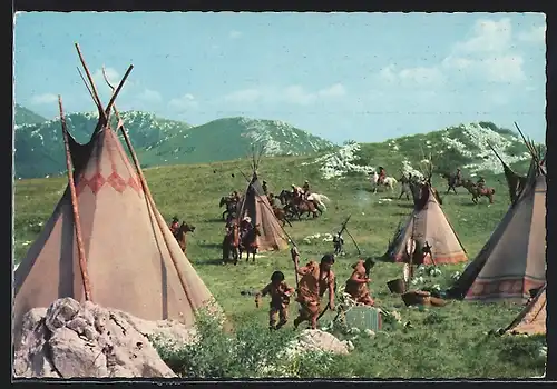AK Szene aus Winnetou II. Teil, Lager der Ponca-Indianer, Karl May