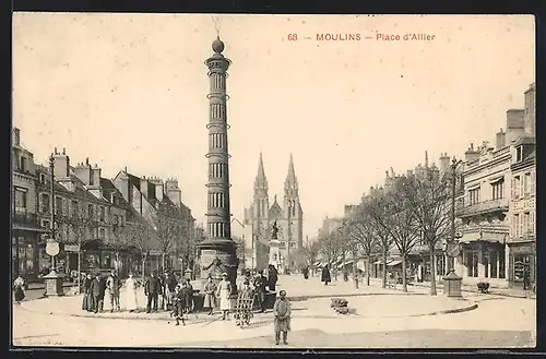 AK Moulins, place d'Allier, Kinder vor Säule