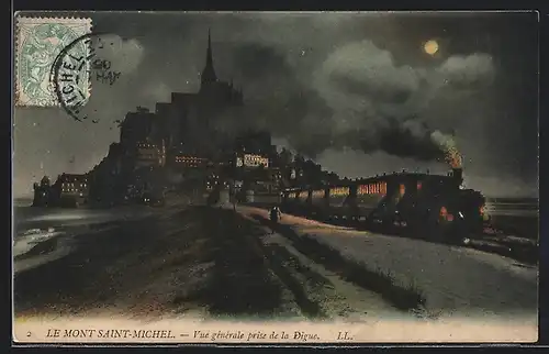 AK Le Mont-St-Michel, Gesamtansicht mit Eisenbahn bei Vollmond