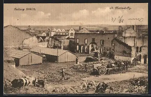 AK St. Marie-à-Py, Arbeiter mit Pferdekarren in Trümmern