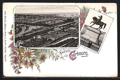 Lithographie Cherbourg, Vue générale prise du fort du Roule, la statue Napoléon