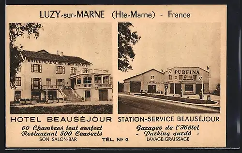 AK Luzy-sur-Marne, Hotel Beauséjour, Station-Service Beauséjour