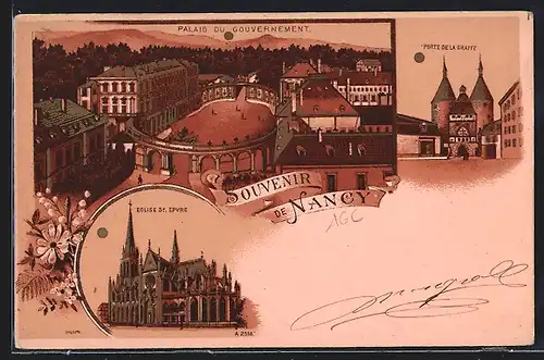 Lithographie Nancy, Palais du Gouvernement, Porte de la Graffe, Eglise St. Epure
