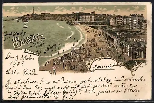 Lithographie Biarritz, la Grande Plage