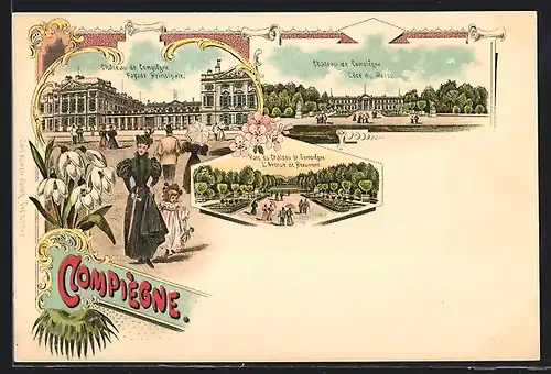 Lithographie Compiègne, Château de Compiègne Facade Principale, Côté du Parc, Parc & l`Avenue de Beaumont