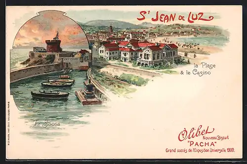 Lithographie St. Jean de Luz, La Plage u. Le Casino, Le Socoa