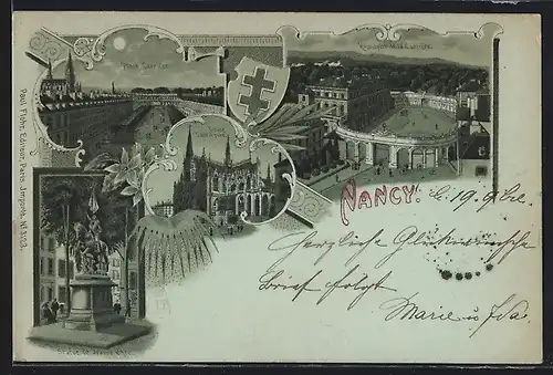 Mondschein-Lithographie Nancy, Place Carrière, Eglise Saint-Epure, Statue de Jeanne d`Arc