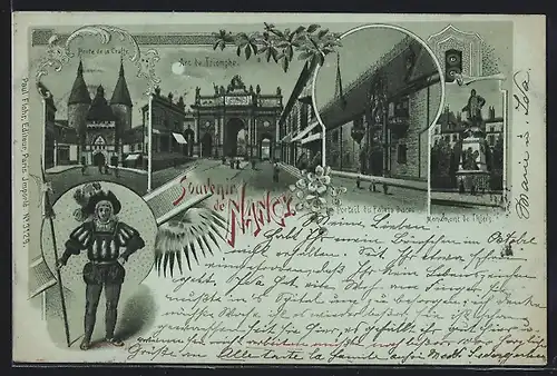 Mondschein-AK Nancy, Porte de la Craffe, Arc de Triomphe, Monument de Thiers