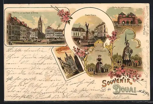 AK Douai, Place Thiers, Porte de Valenciennes, Gayant