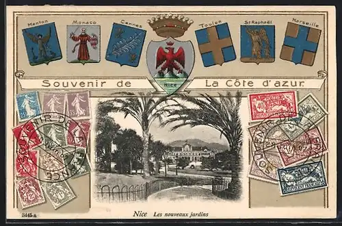 Präge-AK Nice /Côte d`azur, Les nouveaux jardins, Briefmarken, Wappen von Monaco, Cannes & Menton, Passepartout
