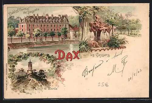 Lithographie Dax, Etablissement des Baignots, les Geysers