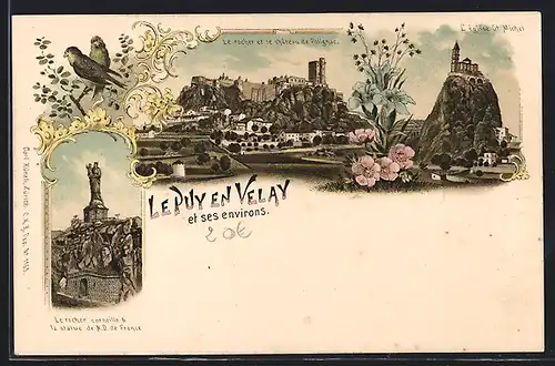 Lithographie Le Puy en Velay, Le rocher corneille, Château de Polignac, Vogelpaar