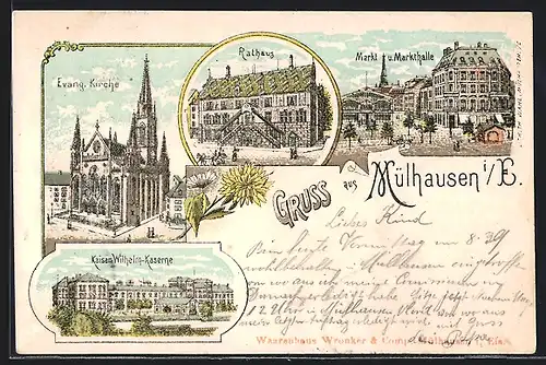 Lithographie Mülhausen i. E., Evangelische Kirche, Rathaus, Markt und Markthalle