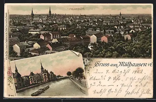 Lithographie Mülhausen i. E., Gesamtansicht, Blick auf die Brücke