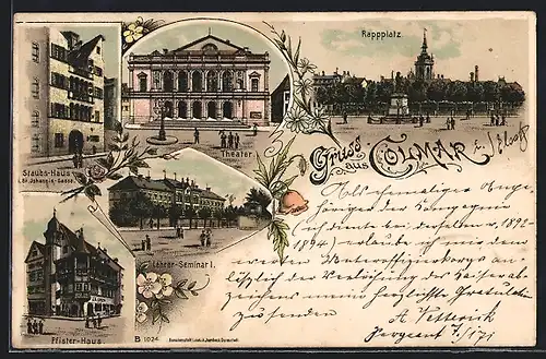 Lithographie Colmar, Theater, Pfister-Haus, Rappplatz