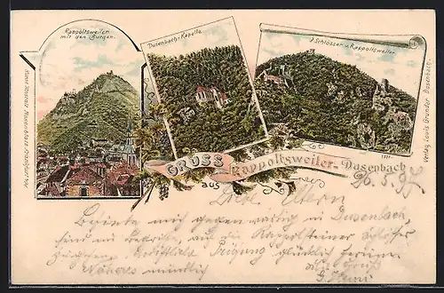 Lithographie Rappoltsweiler, Gesamtansicht mit Burgen, Dusenbach-Kapelle