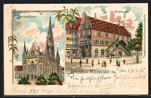 Lithographie Mülhausen i. E., Protest. Kirche, Stadthaus