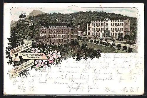 Lithographie Drei Aehren /Ober-Elsass, Hotel zu den Drei Königen u. Hotel Drei Aehren mit Belvedere und Honeck
