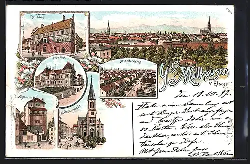 Lithographie Mülhausen i. Elsass, Arbeiterviertel, Rathaus, Neue Post