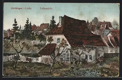 Künstler-AK Lörchingen, Teilansicht aus der Vogelschau