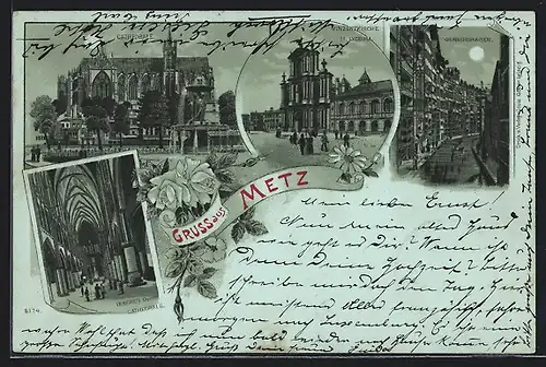 Mondschein-Lithographie Metz, Cathedrale, Vinzenzkirche, Gerbergraben