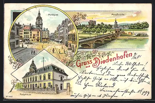 Lithographie Diedenhofen, Marktplatz, Moselbrücke, Postgebäude