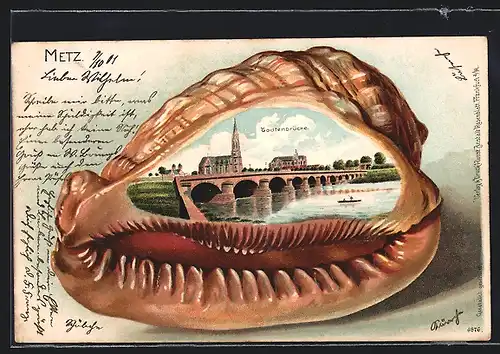 Lithographie Metz, Todtenbrücke mit Kirche im Muschel-Passepartout