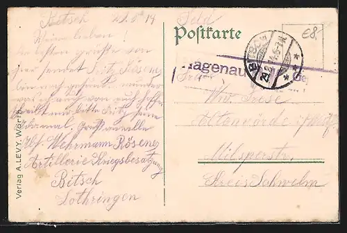 Passepartout-AK Bitsch, Jägerkaserne, Preussen-Stein, Festung & Institut Augustin