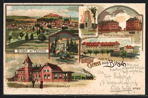 Lithographie Bitsch, Ortsansicht mit G'Festung, Preussen-Stein, Bayern-Denkmal & Bahnhof