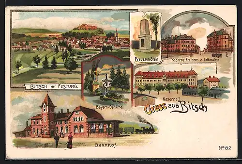 Lithographie Bitsch, Ortsansicht mit G'Festung, Preussen-Stein, Bayern-Denkmal & Bahnhof