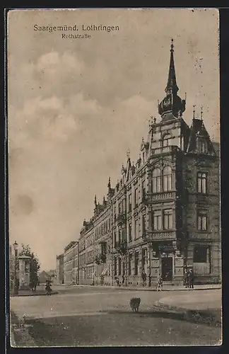 AK Saargemünd, Rothstrasse, Kreuzung mit Turmgebäude