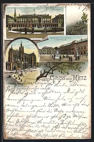 Lithographie Metz, Partie am Theater, Cathedrale und Stadthaus mit Paradeplatz