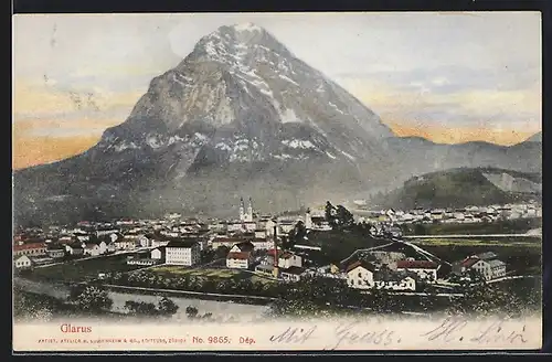 AK Glarus, Ortsansicht mit Berg