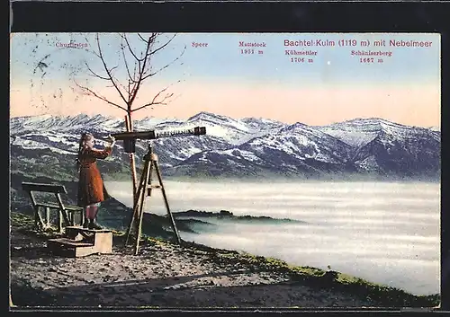 AK Bachtel-Kulm, Blick übers Nebelmeer in die Alpen