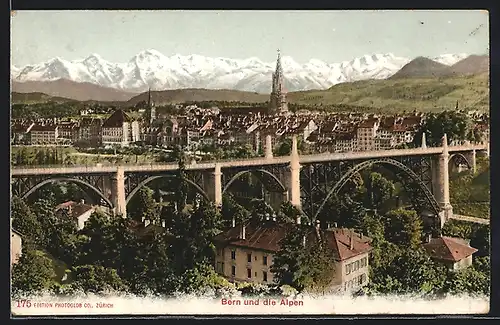 AK Bern, Ortsansicht gegen die Alpen