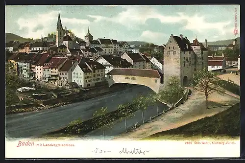 AK Baden, Ortsansicht mit Fluss und Landvogteischloss