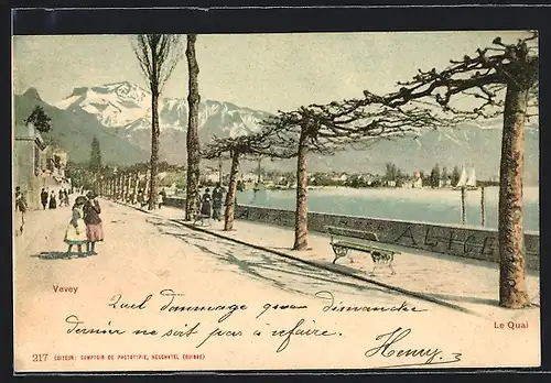 AK Vevey, Le Quai mit Spaziergängern