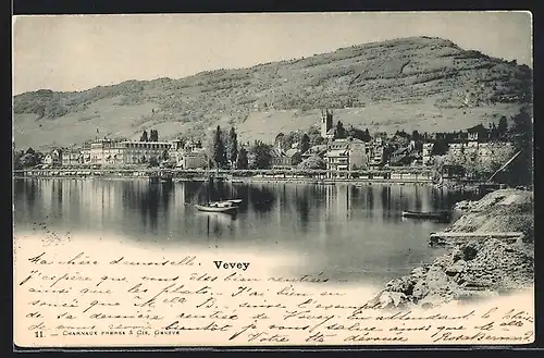 AK Vevey, Uferpartie mit Blick auf die Ortschaft