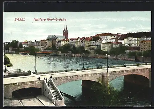 AK Basel, Mittlere Rheinbrücke vor dem Uferpanorama