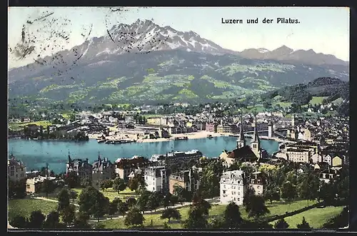 AK Luzern, Ortsansicht am Wasser mit Pilatus