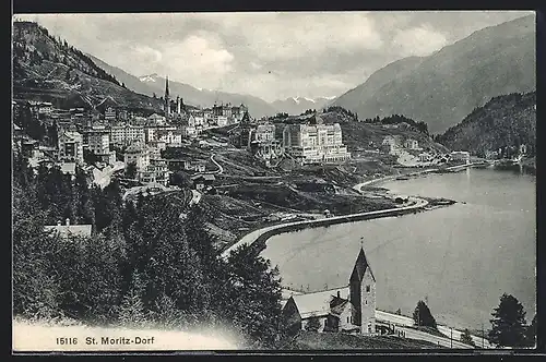 AK St. Moritz-Dorf, Ortsansicht am Wasser