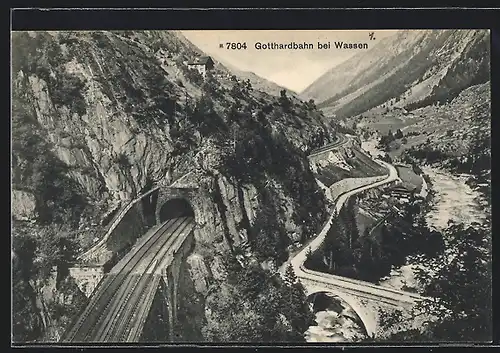 AK Wassen, Gebirgspartie mit Gotthardbahn