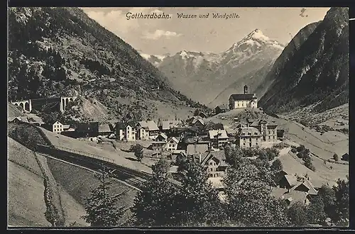 AK Wassen, Blick auf Ortschaft, Windgälle und Gotthardbahn