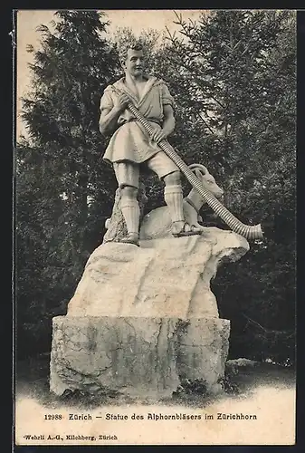 AK Zürich, Alphornbläser-Statue im Zürichhorn